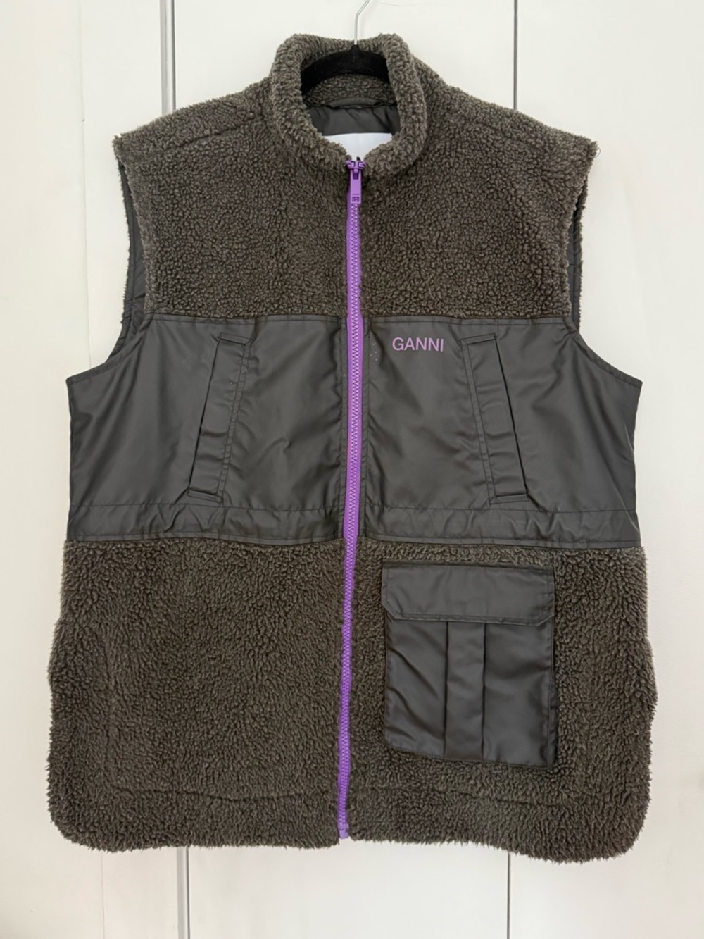 Ganni Brown Sherpa Vest with Purple Zip Trim